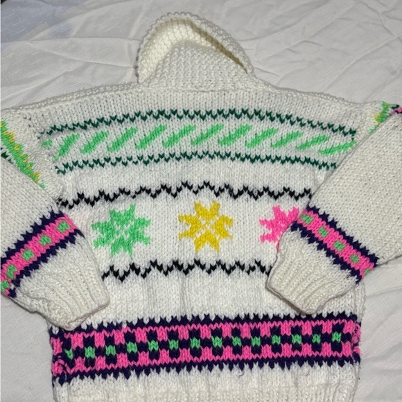 Vintage Cozy Knit Kids Sweater - Cream with Pink and Green Accents - Picture 7 of 9